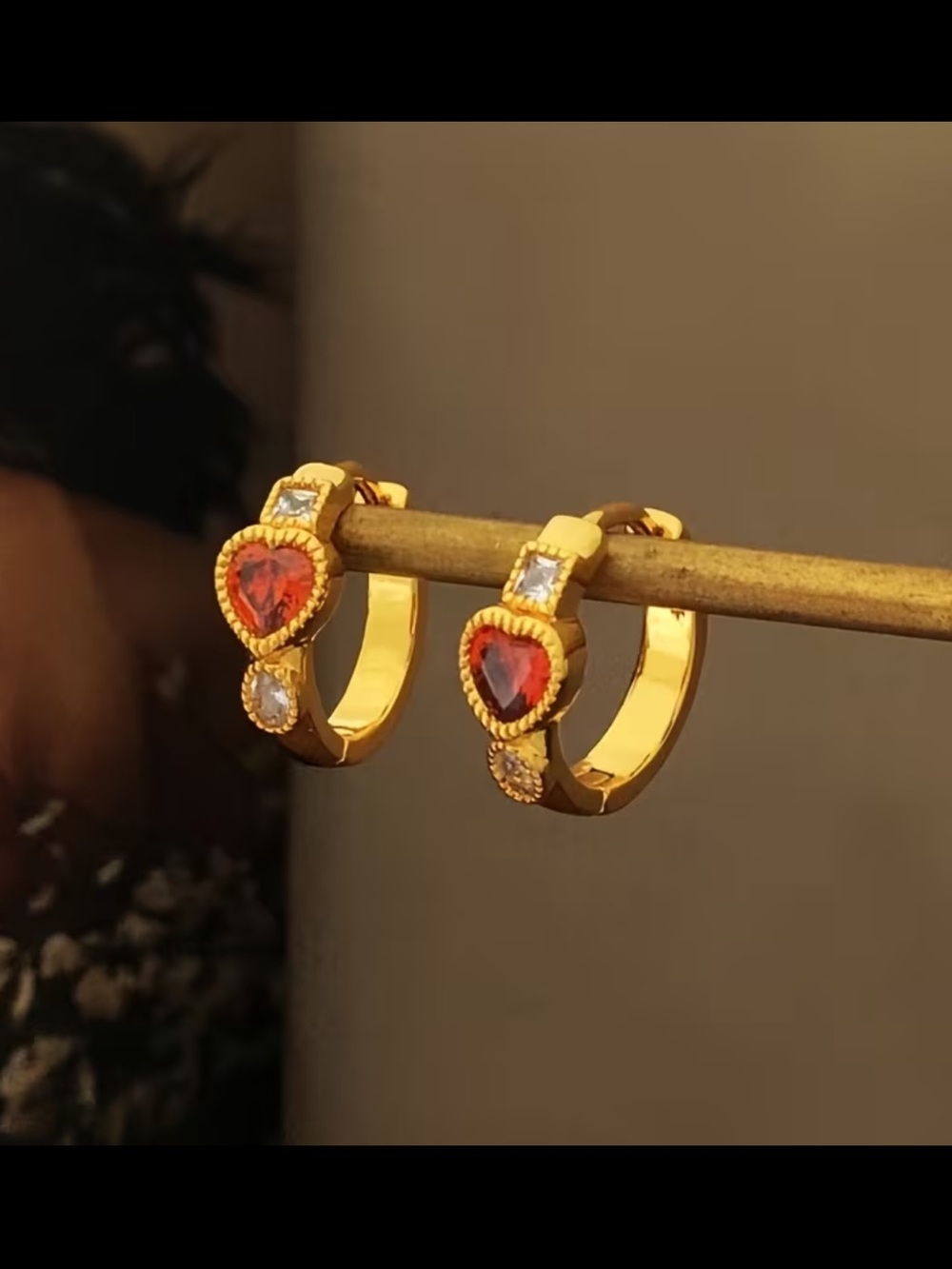 Affordable Fashion Finds Gold Hoop Earrings with Red Heart Stones